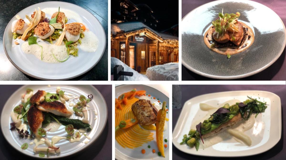 Dining at La Cordée restaurant in Verbier – „Scollops from Saint Brieuc, hazelnut crust, mountain greens“ | „Roasted duck foie gras, green apples, lentils and sweet onions in a white Porto“ | „John dory fish from Brittany crusted with Parmesan, spinach and shimeji mushrooms” | „Monkfish medallion roasted with veal juice, carrots and ginger” | „Crab cake, zucchini and avocado with wasabi” Dining at La Cordée restaurant in Verbier – „Scollops from Saint Brieuc, hazelnut crust, mountain greens“ | „Roasted duck foie gras, green apples, lentils and sweet onions in a white Porto“ | „John dory fish from Brittany crusted with Parmesan, spinach and shimeji mushrooms” | „Monkfish medallion roasted with veal juice, carrots and ginger” | „Crab cake, zucchini and avocado with wasabi”