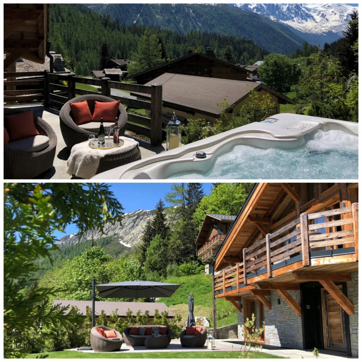 Self-Catered Chalet Infinity is located in the Chamonix hamlets near Argentière with exceptional views of the summits from the outdoor Jacuzzi