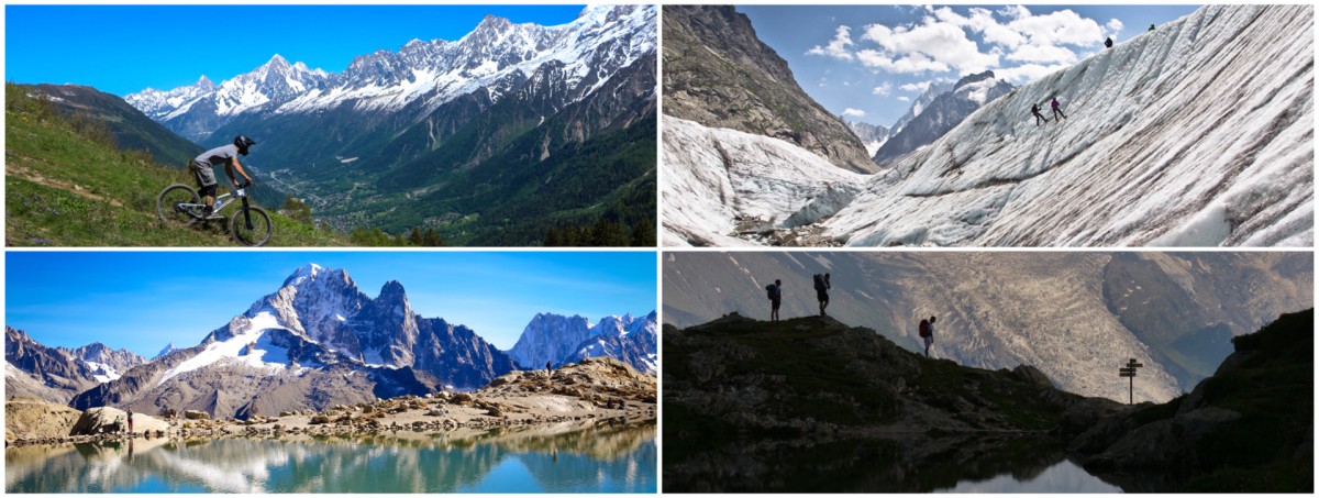 Things to do whilst on a summer holiday in Chamonix in the French Alps – Mountainbiking in the Les Houches area, walking to Lac Blanc, Ice walking, hiking around the Lacs des Chéserys (Photos © OT Vallée Chamonix-Mont-Blanc (2), brey-photography.de, Christophe Raylat)