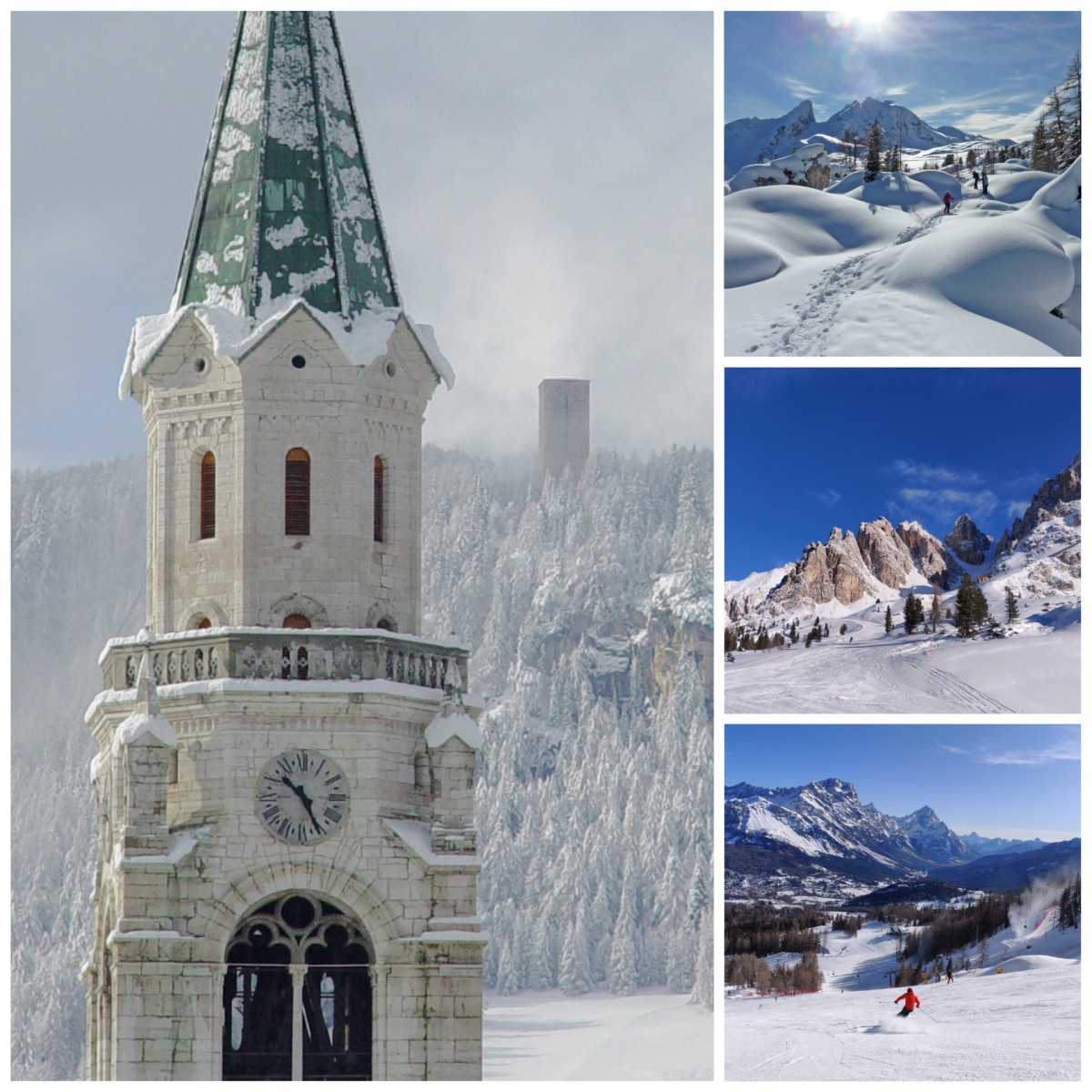 Winter wonderland Cortina d‘Ampezzo in the Dolomite Region – the Campanile, snowshoeing, Mount Cristallo northeast of Cortina, downhill skiing with views of the Tofane massif west of Cortina