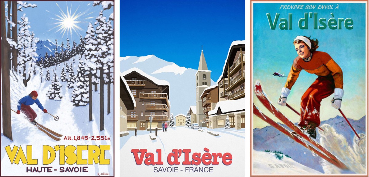 Vintage ski posters promoting ski resort Val d’Isère in Savoy