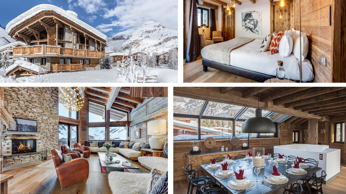 Luxury ski chalet Daria in Val d’Isère – exterior, a bedroom, living room and dining table Luxury ski chalet Daria in Val d’Isère – exterior, a bedroom, living room and dining table