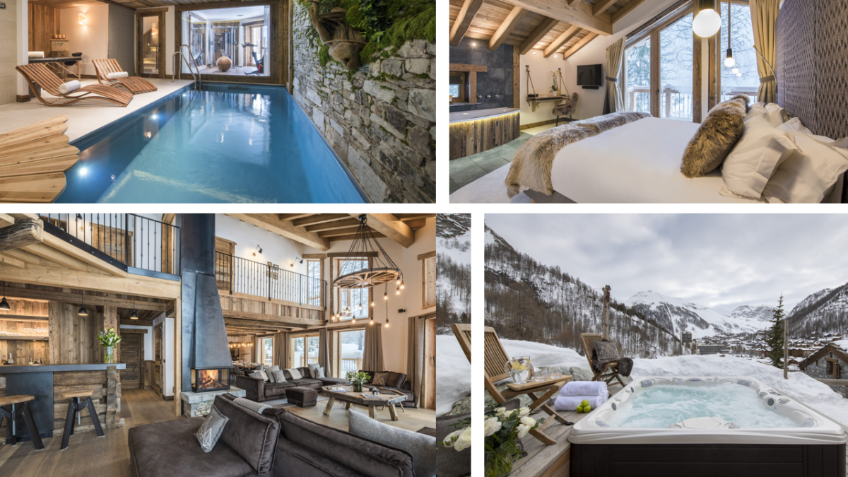 Luxury ski chalet Machapuchare in Val d’Isère – indoor pool, a bedroom, living area with bar, outdoor hot tub