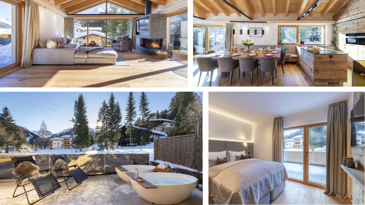 Ski chalet Villekulla, St Anton am Arlberg – open plan living area, dining table, outdoor hot tubs, one of six bedrooms
