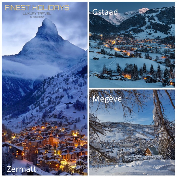 Gstaad, at the intersection of two valleys in the Bernese Oberland, is a winter fairy tale. Famous for luxury shopping and international stars, car-free Gstaad has a large ski area which has some 6 sectors, over 70 lifts, and 250km km of trails | Megève was founded in the wake of WW I by Baroness de Rothschild, Jean Cocteau made it the focus of Parisian café society. The skiing area is extensive, the scenery is magnificent too | Zermatt has snow-sure slopes, high-altitude top stations, 360km of pistes (linked to Cervinia and Valtournenche in Italy).  Surrounded by 38 summits above 4,000m and the world’s most photogenic mountain, the Matterhorn as a backdrop, Zermatt brings together every Alpine cliché Gstaad, at the intersection of two valleys in the Bernese Oberland, is a winter fairy tale. Famous for luxury shopping and international stars, car-free Gstaad has a large ski area which has some 6 sectors, over 70 lifts, and 250km km of trails | Megève was founded in the wake of WW I by Baroness de Rothschild, Jean Cocteau made it the focus of Parisian café society. The skiing area is extensive, the scenery is magnificent too | Zermatt has snow-sure slopes, high-altitude top stations, 360km of pistes (linked to Cervinia and Valtournenche in Italy).  Surrounded by 38 summits above 4,000m and the world’s most photogenic mountain, the Matterhorn as a backdrop, Zermatt brings together every Alpine cliché