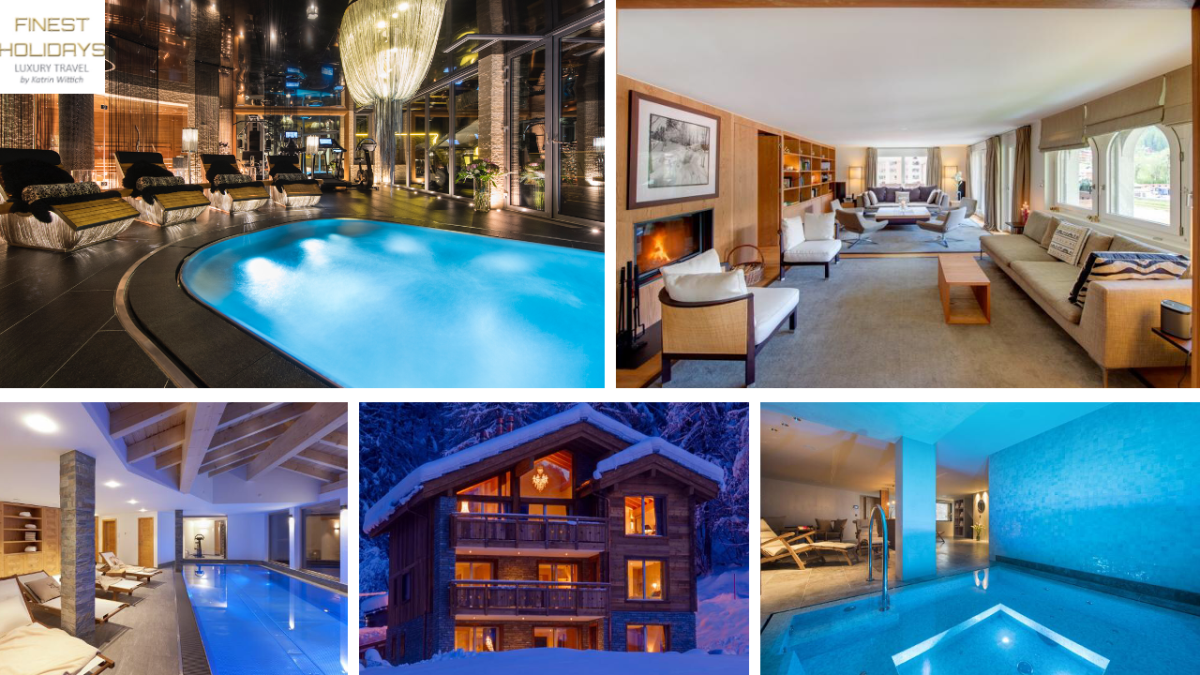 Ski chalets in Zermatt with indoor pools: Chalet Zermatt Peak (sleeps 10+3), Whymper Residence (sleeps 8), Chalet Banja (sleeps 6+2), Chalet White Pearl (sleeps 10+2), Chalet McKinley (sleeps 10) Ski chalets in Zermatt with indoor pools: Chalet Zermatt Peak (sleeps 10+3), Whymper Residence (sleeps 8), Chalet Banja (sleeps 6+2), Chalet White Pearl (sleeps 10+2), Chalet McKinley (sleeps 10)