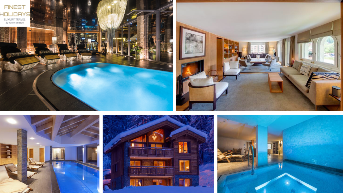 Ski chalets in Zermatt with indoor pools: Chalet Zermatt Peak (sleeps 10+3), Whymper Residence (sleeps 8), Chalet Banja (sleeps 6+2), Chalet White Pearl (sleeps 10+2), Chalet McKinley (sleeps 10)