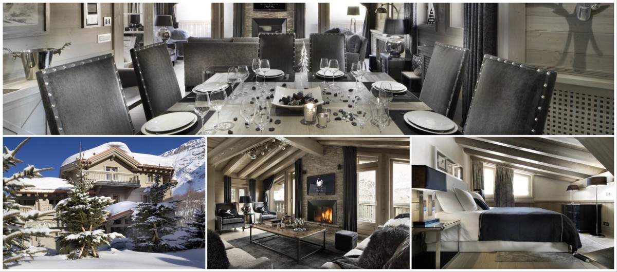 Luxury ski chalet Black Pearl in Val d‘Isère: dining table, exterior, living room and a bedroom