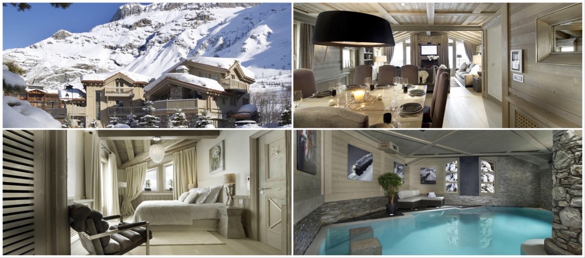 Luxury ski chalet White Pearl in Val d‘Isère: exterior, dining table, a bedroom, indoor pool