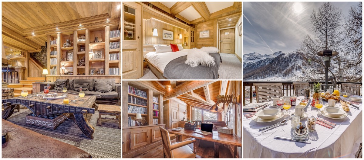 Luxury ski chalet Montana in Val d’Isère: the lounge, a bedroom, the fully equipped office, breakfast on the terrace