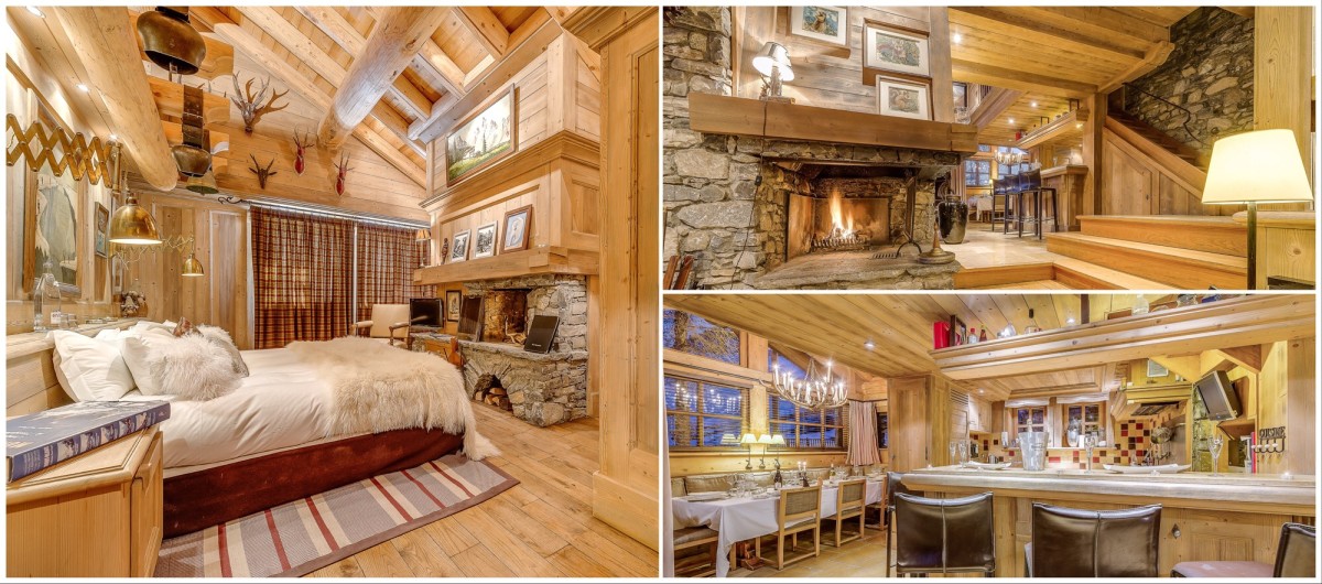 Luxury ski chalet Montana in Val d‘Isère: the master bedroom, open fireplace, the bar and dining table