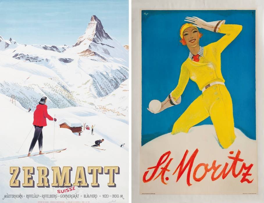 © Christie’s Images Ltd. (2) “Zermatt” lithograph by Hugo Schol, 1938. Estimate £ 5,000-7,000. Not much is known of Hugo Schol, though he seems to have produced some wonderful ski art in his career. Zermatt in the 1930s was a resort on the up. Its status as basecamp for the Matterhorn had put it on the map in the 19th century and from 1928 its ski season was part of the established European social calendar. Poignantly, this poster celebrates what was the last ski season before Europe was plunged into long years of war; “St. Moritz” lithograph by Alois Carigiet, 1932. Estimate £ 6,000-8,000. Carigiet, born in Switzerland in 1902, is one of the winter holiday artists whose work has a wider importance. Check out his charming work in children’s books if you get the chance, it was good enough to win him the first Hans Christian Andersen Medal for illustrators in 1966. But before that he produced a huge number of posters from his own graphic design studios in Zurich during the 1920s and 30s.