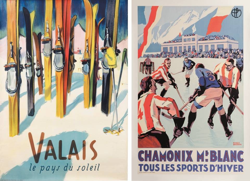 © Christie’s Images Ltd. (2) “Valais” lithograph by Libis (Herbert Libiszewski), 1949. Estimate £ 10,000-15,000. Advertising the Valais canton of Switzerland, Libis, stayed true to the bright colours and cheerful feel that pervades his work. As well as singing the praises of Swiss ski resorts, Libis produced posters selling all sorts of products, from haute couture to humble milk; “Chamonix Mt. Blanc” lithograph by Roger Broders, 1930. Estimate £ 4,000-6,000. There has always been more to ski resorts than simply skiing, as Broders‘ typically elegant and impactful design shows here