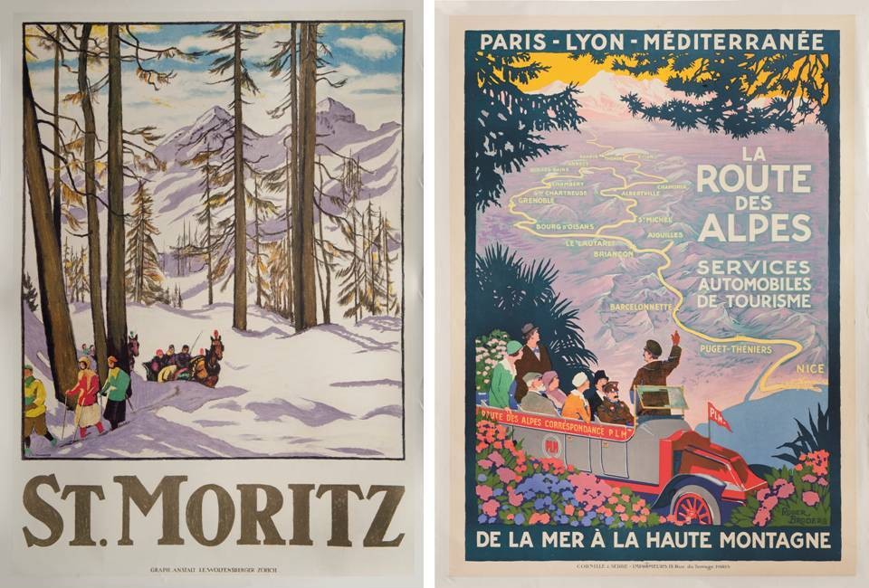 © Christie’s Images Ltd. (2) “St. Moritz” lithograph by Emil Cardinaux, 1918. Estimate £ 12,000-18,000. This is an early image from one of Switzerland’s most popular ski artists. Cardinaux worked in many media and many art genres, but it was his holiday posters that took his work to an international stage; “La Route des Alpes” lithograph by Roger Broders, ca. 1920. Estimate £ 3,000-5,000. Roger Broders is one of the best and best-known of the artists of the winter holiday. Many of his trips to the south from his native Paris were paid for by the The Paris Lyon Mediteranée Company who commissioned much of his work, though its pioneers of the automobile who Broders is trying to tempt to the slopes here