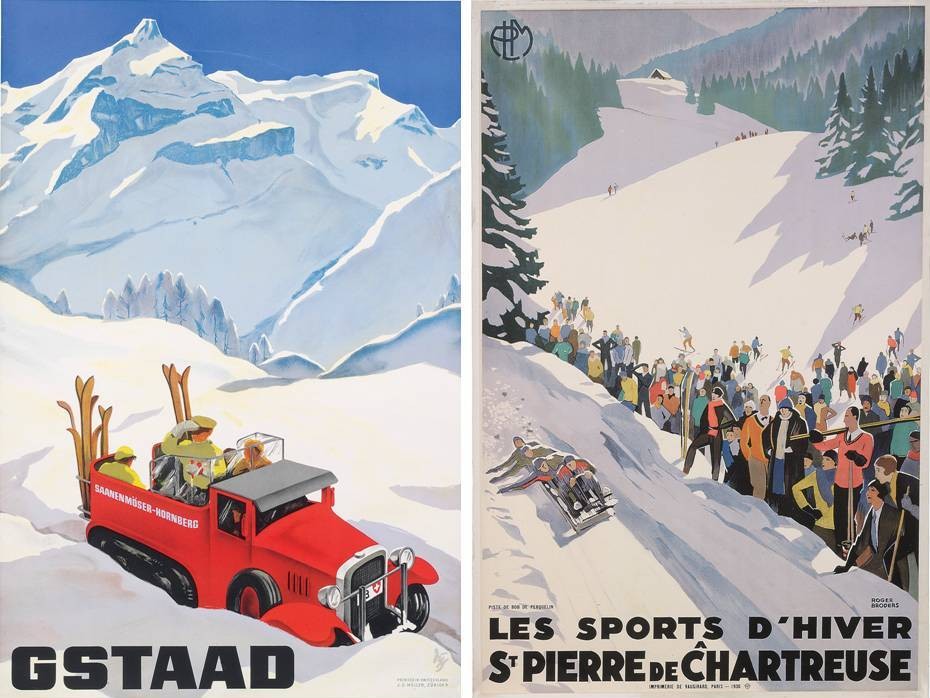 © Christie’s Images Ltd. (2) “Gstaad” lithograph by Alex Walter Diggelmann, 1934. Estimate £ 20,000-25,000. The pioneering spirit of the early skiing industry is captured beautifully in a fine, impactful image by Diggelmann; “Les Sports D’Hiver. St. Pierre de Chartreuse” lithograph by Roger Broders, ca. 1930. Estimate £8,000-12,000. St Pierre is not one of the best known European ski resorts, and the name of the village pays homage to its more famous role as the home of the Carthusian order of monks. The skiing here can be fine though, and the town was chic enough to tempt Queen Victoria to call. Tellingly, Broders here concentrates on the speed and excitement of spectator sports