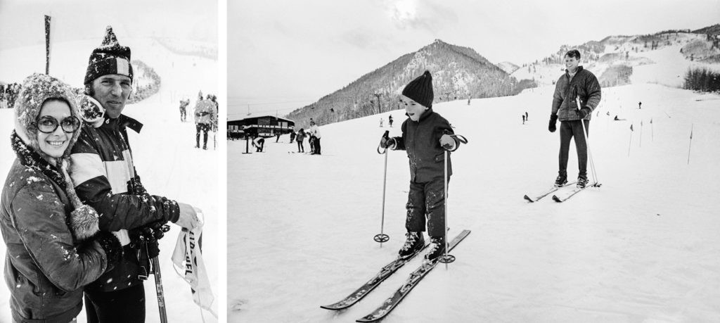 Natalie Wood and Billy Kidd wearing ski outfits, Photo © Bettmann/CORBIS; Robert Kennedy instructing young John F. Kennedy Jr. on skiing, Photo © Bettmann/Corbis