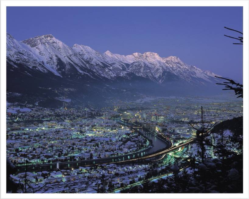 View towards Innsbruck in the Tyrolean Alps on a winter’s night