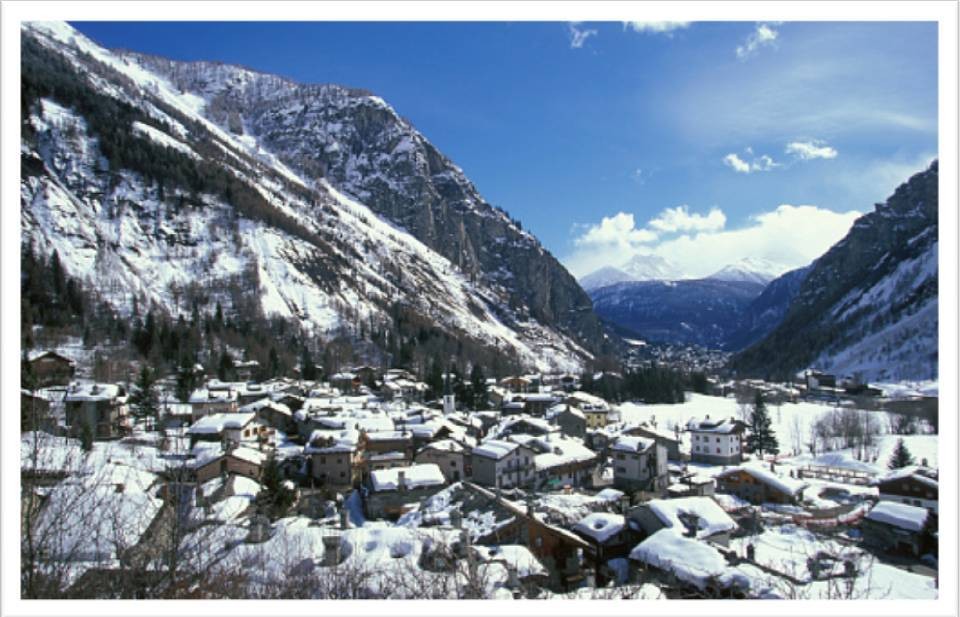 View towards the picturesque skiresort of Courmayeur in the Aosta Valley in northwestern Italy