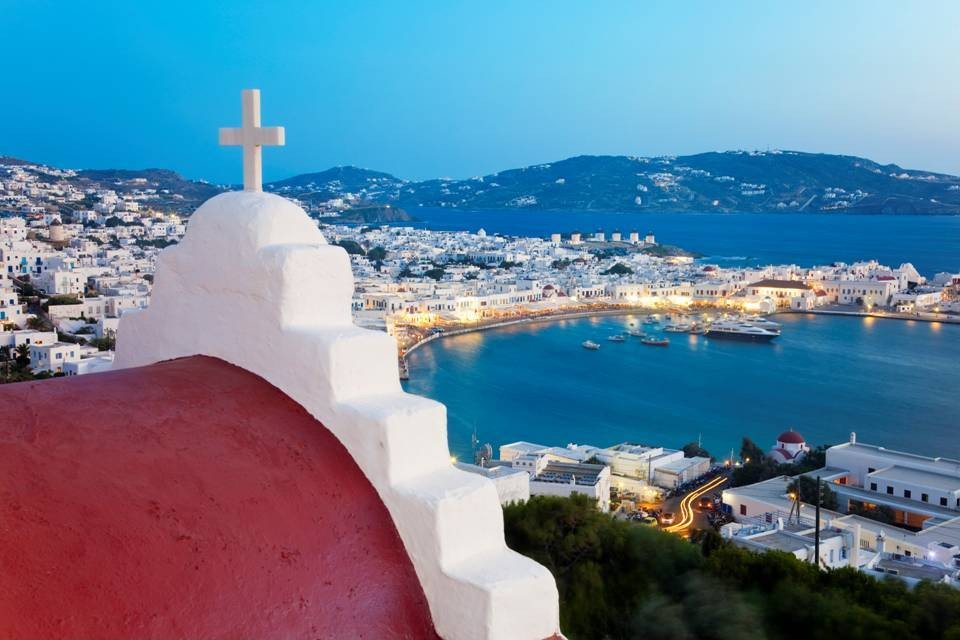 View over the marina and old town of Mykonos