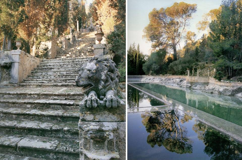 The monumental staircase rises in seven flights behind the manor house; meals were served on the terrace to the right in the italianate garden of Raixa