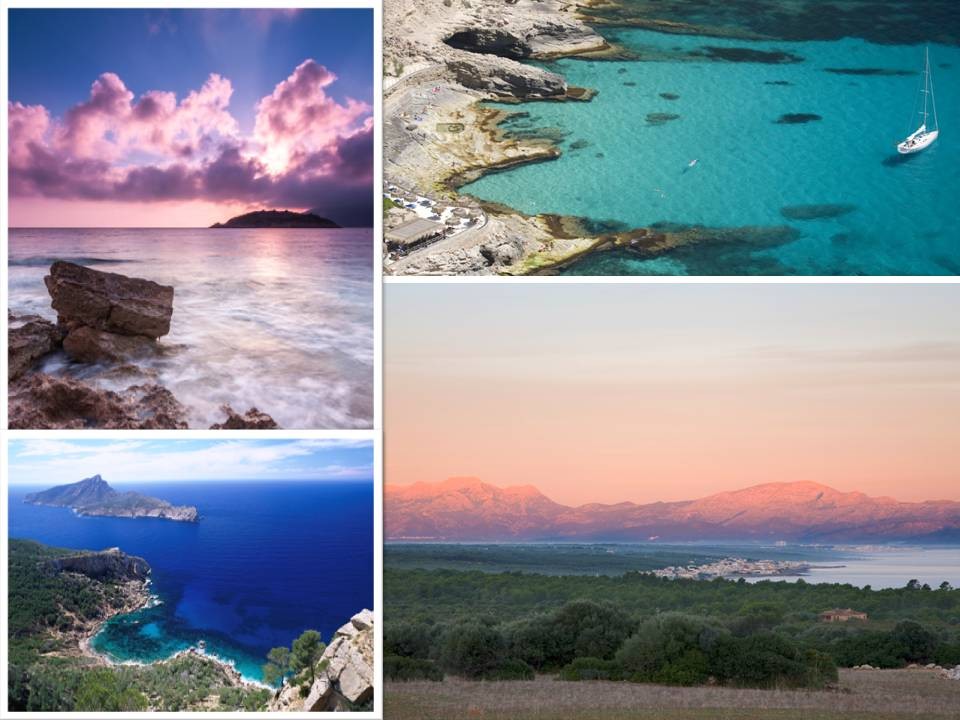 Mallorca Southwest: magical sunset at Sant Elm, La Trapa hiking trail with the uninhabited Sa Dragonera island in the background, Cala Llamp bay, view towards the Sierra de Tramuntana at sunrise