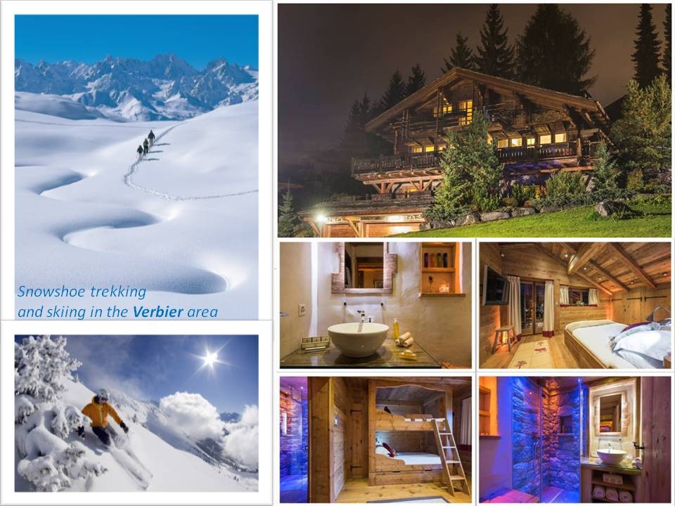 Verbier is located in Switzerland’s largest ski area, the 4 Vallées; external view of Chalet 3 Flocons, bed- and bathroomsDISCOUNTS and SPECIAL OFFERS for Valentine’s Day as well as remaining February weeks for four over the top Luxury Ski Chalets in Verbier and Zermatt – don’t miss them!