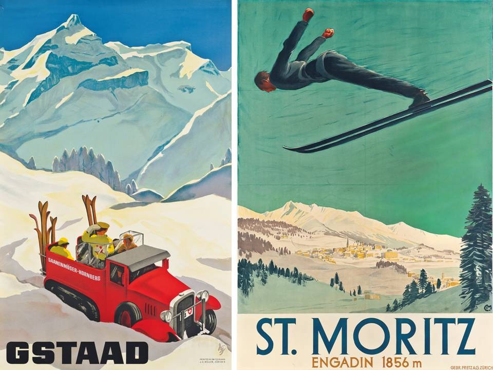 Alex Diggelmann’s Gstaad poster celebrates 1930s high tech in the stylish Swiss resort of Gstaad; St Moritz is one of the earliest homes of modern winter sports, attracting British university students from the 19th century
