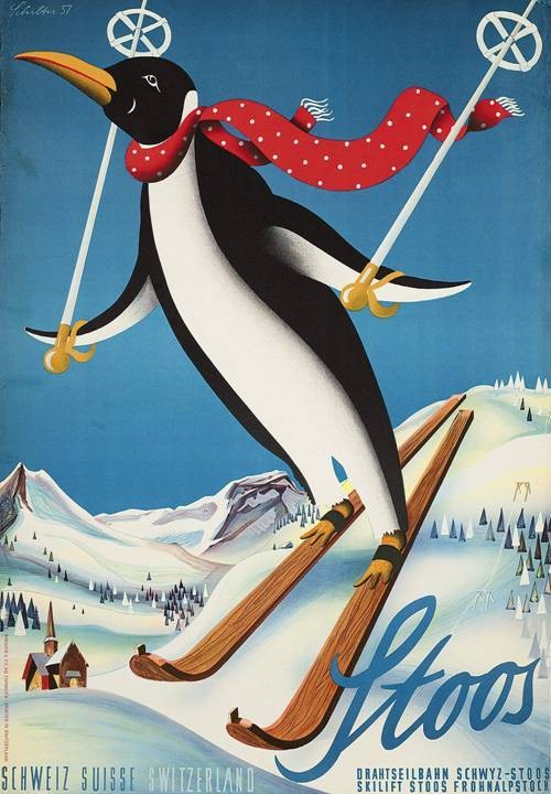 © Christie’s Images Ltd. 2016 “Stoos”. Poster by Hans Schilter, 1957. Estimate: £2,000-3,000 – Schilter is a popular and collectible ski poster artist. His penguin wears the wooden skis that were used in the 1950s. Stoos now markets its skiing alongside the neighboring village of Morschach. There are still no penguins there