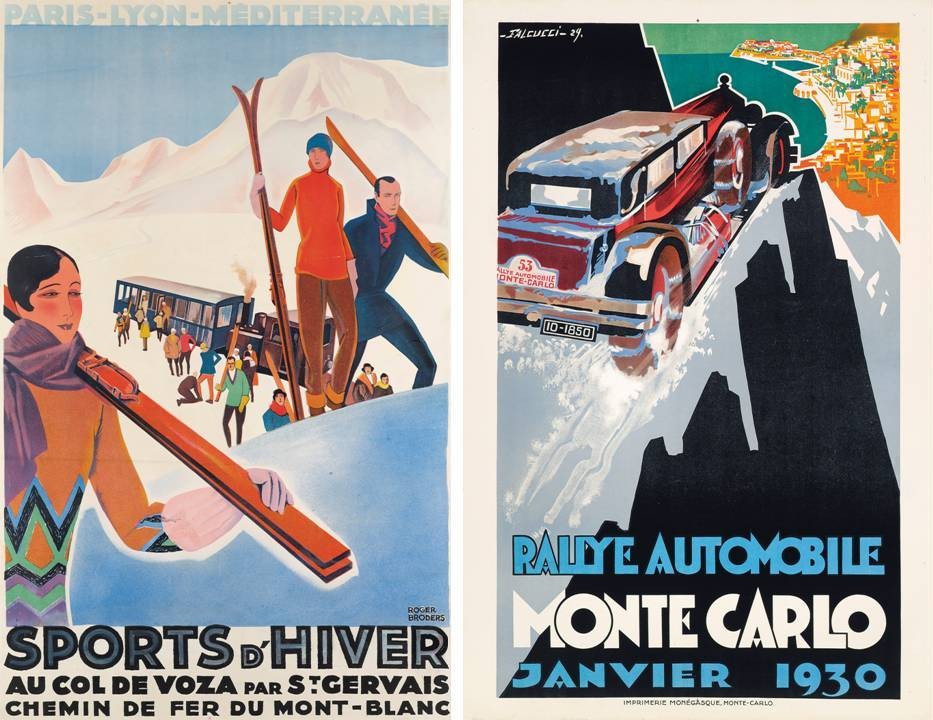 © Christie’s Images Ltd. 2016 “Sports d’Hiver”. Poster by L Serre & Cie., c. 1930 – These fashionable 1930s skiers are using the Mont Blanc Tramway, which has been taking travelers up the slopes of the famous French mountain. Chamonix is the main ski resort on the slopes around the Mont Blanc Massif; “Monte Carlo”. Poster by Robert Falcucci, 1930 – The Monte Carlo Rally, taking drivers from all over Europe to one of the continent’s luxury hotspots at the fashionable Côte d’Azur, has been running since 1911. Artist Robert Falcucci spent four years working for Renault at the start of his illustrious career, but also worked for couturiers and as an industrial designer
