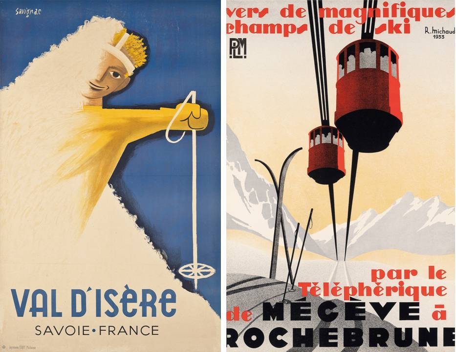 © Christie’s Images Ltd. 2016 “Val d’Isère”. Poster by Raymond Savignac, 1948. Estimate: £1,500-2,000 – Savignac is one of the most famous French poster artists, worthy of an exhibition at Paris’ Gallery of Beaux Arts in 1949. His poster for Val d’Isère emphasizes the sporting side of a resort that is home to World Cup Skiing every year and hosted Olympic skiing in 1992. It’s also super glamorous; “Megève à Rochebrune”. Poster by René Michaud, 1933. Estimate: £3,000-5,000 – This poster advertises the cable car – telegraphique in French – linking Megève to Rochebrune in the French Alps. The Rochebrune ski area is still one of the top attractions at Megève, and still reached by lift, though today it’s a modern gondola © Christie’s Images Ltd. 2016 “Val d’Isère”. Poster by Raymond Savignac, 1948. Estimate: £1,500-2,000 – Savignac is one of the most famous French poster artists, worthy of an exhibition at Paris’ Gallery of Beaux Arts in 1949. His poster for Val d’Isère emphasizes the sporting side of a resort that is home to World Cup Skiing every year and hosted Olympic skiing in 1992. It’s also super glamorous; “Megève à Rochebrune”. Poster by René Michaud, 1933. Estimate: £3,000-5,000 – This poster advertises the cable car – telegraphique in French – linking Megève to Rochebrune in the French Alps. The Rochebrune ski area is still one of the top attractions at Megève, and still reached by lift, though today it’s a modern gondola