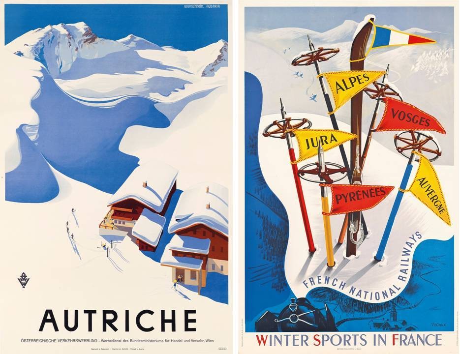 © Christie’s Images Ltd. 2016 “Autriche”. Poster by Erich von Wunschheim, 1937. Estimate: £3,000-5,000 – Austrian ski resorts are among the oldest in Europe. St Anton became internationally popular when large numbers of American ski instructors came to the area in the 1930s; “Winter Sports in France”. Poster by Vecoux, 1947. Estimate: £1,000-1,500 – This poster for the French National Railways advertises France’s many skiable mountain ranges. It’s appropriate that the French Alps – home to Courchevel, Megève and Méribel among many other resorts – is shown as top of the tree © Christie’s Images Ltd. 2016 “Autriche”. Poster by Erich von Wunschheim, 1937. Estimate: £3,000-5,000 – Austrian ski resorts are among the oldest in Europe. St Anton became internationally popular when large numbers of American ski instructors came to the area in the 1930s; “Winter Sports in France”. Poster by Vecoux, 1947. Estimate: £1,000-1,500 – This poster for the French National Railways advertises France’s many skiable mountain ranges. It’s appropriate that the French Alps – home to Courchevel, Megève and Méribel among many other resorts – is shown as top of the tree