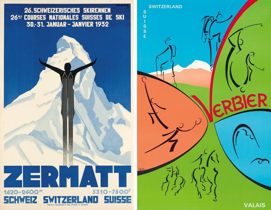 © Christie’s Images Ltd. 2016. “Zermatt”. Poster by Pierre Kramer, 1931. Estimate £7,000-9,000 – Kramer’s poster promises skiers good snow at Zermatt’s 2,400m apex in a striking Art Deco image. Zermatt remains popular, and exclusive, with a very traditional feel to the resort under the towering Matterhorn mountain; “Verbier”. Poster by Chris, undated, Estimate: £1,000-1,500 – This action-packed poster could easily be used today to publicize Verbier, which has a strong sporting tradition and attracts large numbers of hard-partying extreme skiers