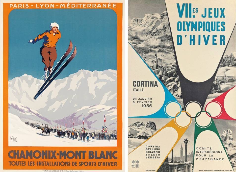 © Christie’s Images Ltd. 2016 “Chamonix-Mont Blanc”. Poster by Alo (Charles Hallo), 1924. Estimate £4,000-6,000 – Charles Hallo, using his pseudonym Alo, was a very successful commercial artist and travel – including airplanes and trains – was his best subject. His beautiful ski jumper promises visitors that Chamonix has everything winter sports enthusiasts could need; “VIIes. Jeux Olympiques  D’Hiver, Cortina”. Poster by an anonymous artist, 1955. Estimate: £1,000-1,500 – The 1956 Winter Olympics were held in Cortina in the Italian Dolomites. Facilities from the 24-event games are still in use in what is commonly agreed to be the best ski resort in Italy