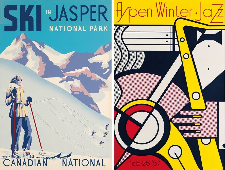© Christie’s Images Ltd. 2016 “Ski in Jasper National Park, Canada”. Poster by an anonymous artist, undated. Estimate: £1,000-1,500 – Jasper National Park is still a top international ski destination, with a specialty in heli-skiing. It’s the largest national park in the Rockies, in the west of Canada between Edmonton and Vancouver; “Aspen Winter Jazz”. Poster by Roy Lichtenstein, 1967. Estimate: £1,000-1,500 – Aspen in Colorado is now one of the most popular ski resorts in the world, and one of the most glamorous. In 1967, the resort was getting countercultural attention as the home of writer Hunter S. Thompson, who was one of the first celebrities to live there. Roy Lichtenstein was one of the first Pop artists and one of the most important American artists of the 20th century © Christie’s Images Ltd. 2016 “Ski in Jasper National Park, Canada”. Poster by an anonymous artist, undated. Estimate: £1,000-1,500 – Jasper National Park is still a top international ski destination, with a specialty in heli-skiing. It’s the largest national park in the Rockies, in the west of Canada between Edmonton and Vancouver; “Aspen Winter Jazz”. Poster by Roy Lichtenstein, 1967. Estimate: £1,000-1,500 – Aspen in Colorado is now one of the most popular ski resorts in the world, and one of the most glamorous. In 1967, the resort was getting countercultural attention as the home of writer Hunter S. Thompson, who was one of the first celebrities to live there. Roy Lichtenstein was one of the first Pop artists and one of the most important American artists of the 20th century