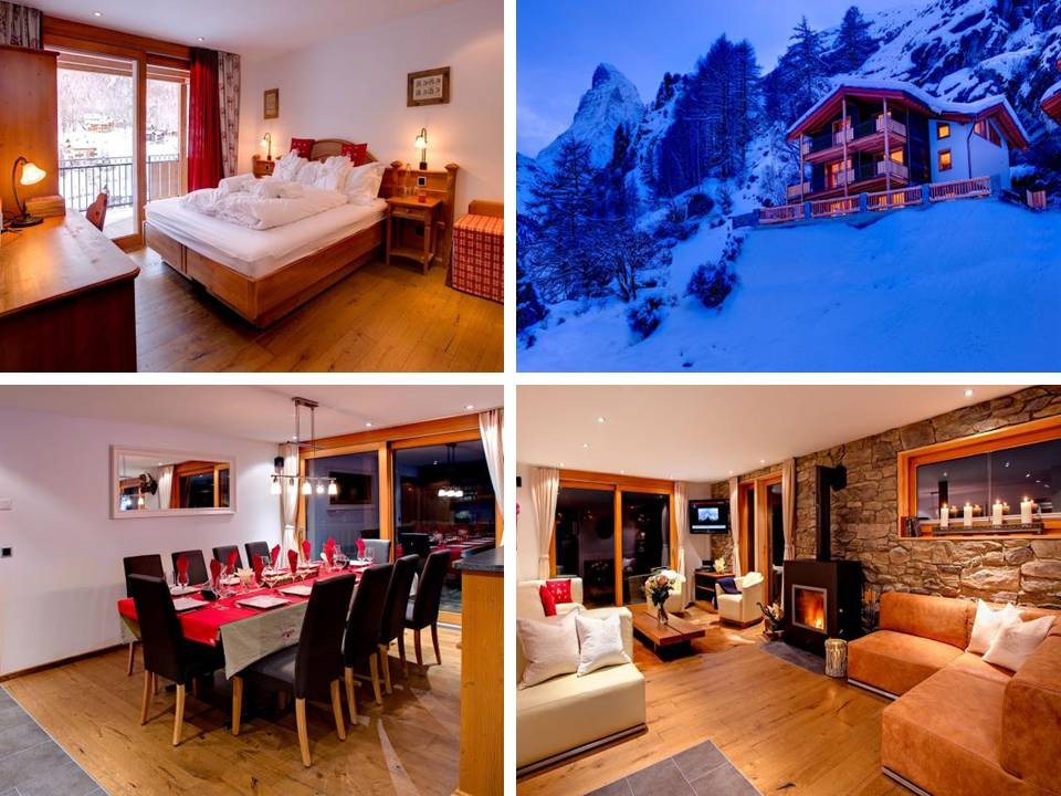 Luxury Chalet Gemini, Zermatt – bedroom, external view, dining table, living room