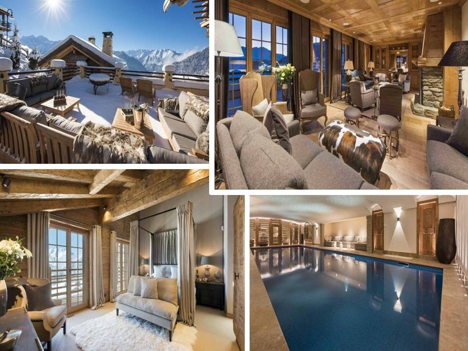 Luxury Chalet Chouqui, Verbier – balcony views, living room, bedroom, indoor swimming pool