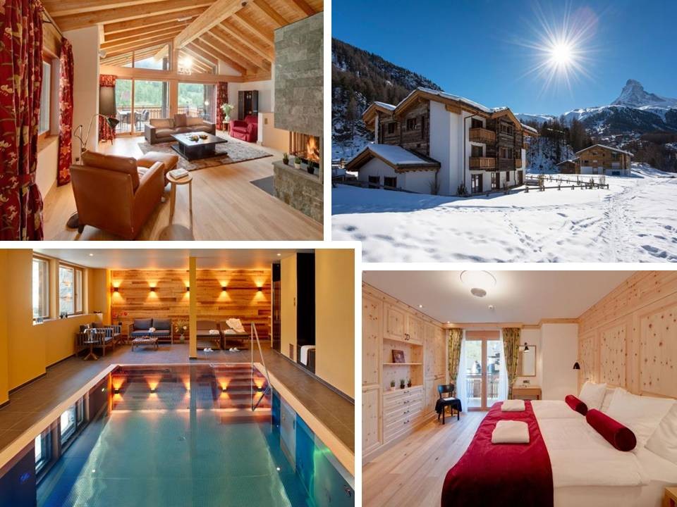 Luxury Chalet Shalimar, Zermatt – living room, external view, indoor swimming pool, bedroom