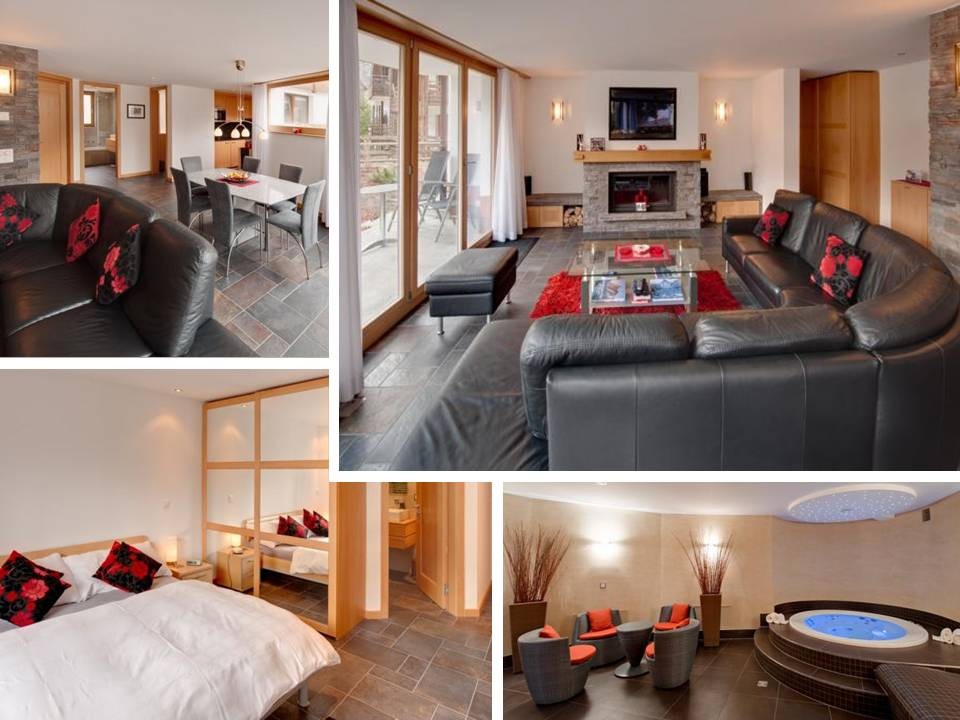 Luxury Chalet d’Amore, Zermatt – dining area, living room, bedroom, spa area Luxury Chalet d’Amore, Zermatt – dining area, living room, bedroom, spa area