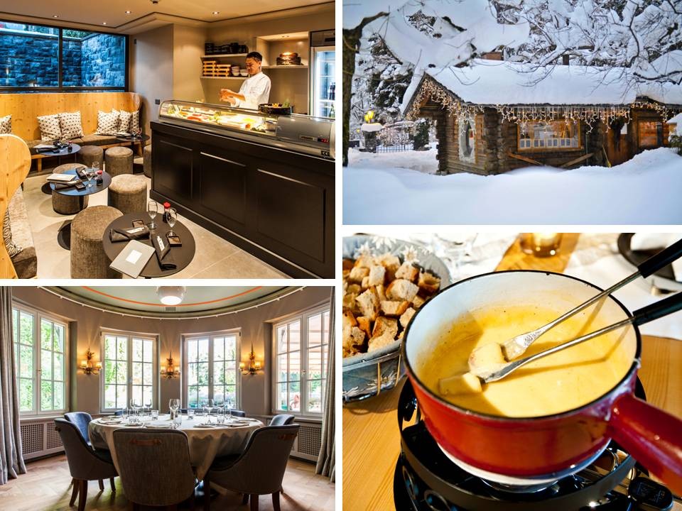 In case you also want to dine somewhere else in Gstaad instead of being pampered by your own personal chef, we would like to recommend “Le Grand Bellevue”: pictured are the sushi bar, Restaurant “LEONARD’s” (awarded one Michelin star and 14 Gault et Millau points), external view of Restaurant “Le Petit Chalet”, seating just 20 diners and famed for serving traditional regional dishes such as fondue and raclette In case you also want to dine somewhere else in Gstaad instead of being pampered by your own personal chef, we would like to recommend “Le Grand Bellevue”: pictured are the sushi bar, Restaurant “LEONARD’s” (awarded one Michelin star and 14 Gault et Millau points), external view of Restaurant “Le Petit Chalet”, seating just 20 diners and famed for serving traditional regional dishes such as fondue and raclette