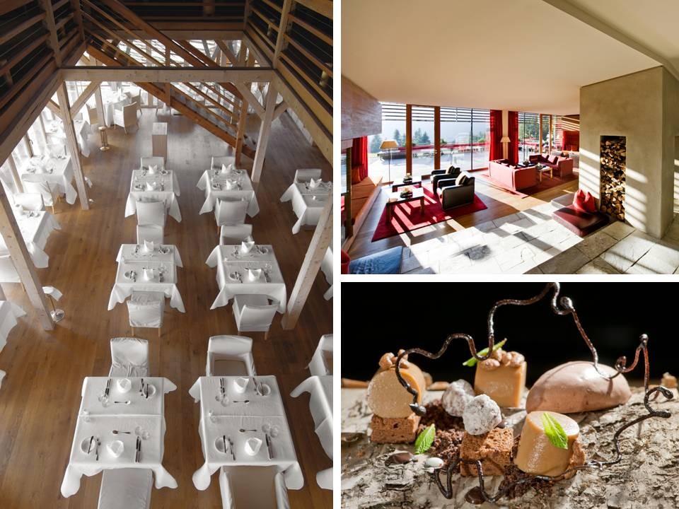 Vigilius Mountain Resort, Lana, South Tyrol: view to one of the resorts two restaurants, Lobby view, delicious dessert creation Vigilius Mountain Resort, Lana, South Tyrol: view to one of the resorts two restaurants, Lobby view, delicious dessert creation